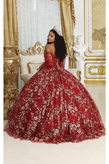Layla K LK200 Detachable Puff Sleeves Sweetheart Glitter Quince Gown - Dress