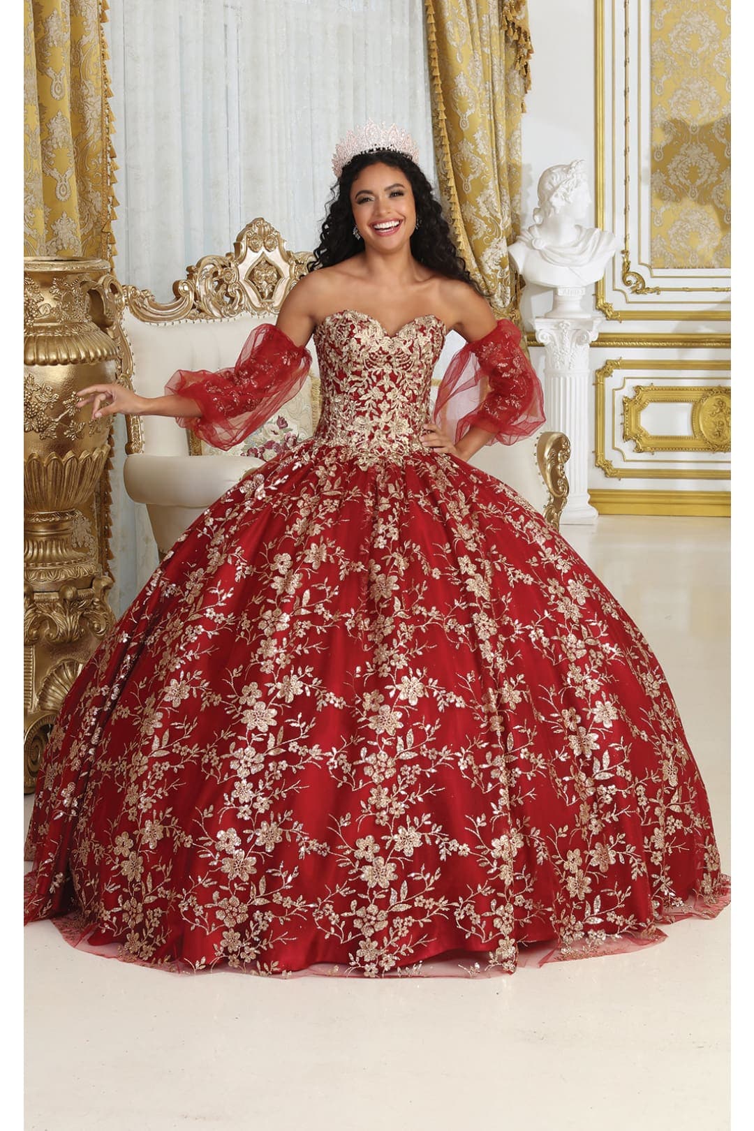 Layla K LK200 Detachable Puff Sleeves Sweetheart Glitter Quince Gown - BURGUNDY/GOLD / 4 - Dress