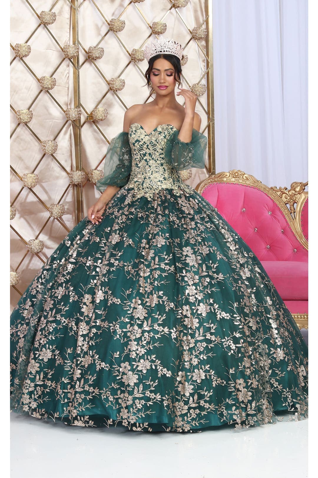Layla K LK200 Detachable Puff Sleeves Sweetheart Glitter Quince Gown - HUNTER GREEN/GOLD / 4 - Dress