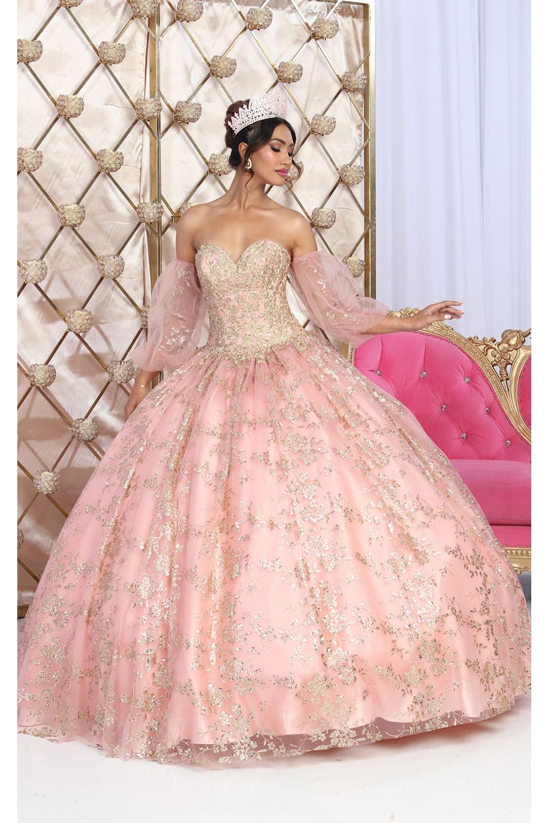 Layla K LK200 Detachable Puff Sleeves Sweetheart Glitter Quince Gown - Dress