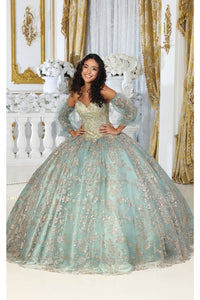 Layla K LK200 Detachable Puff Sleeves Sweetheart Glitter Quince Gown - SAGE/GOLD / 4 - Dress