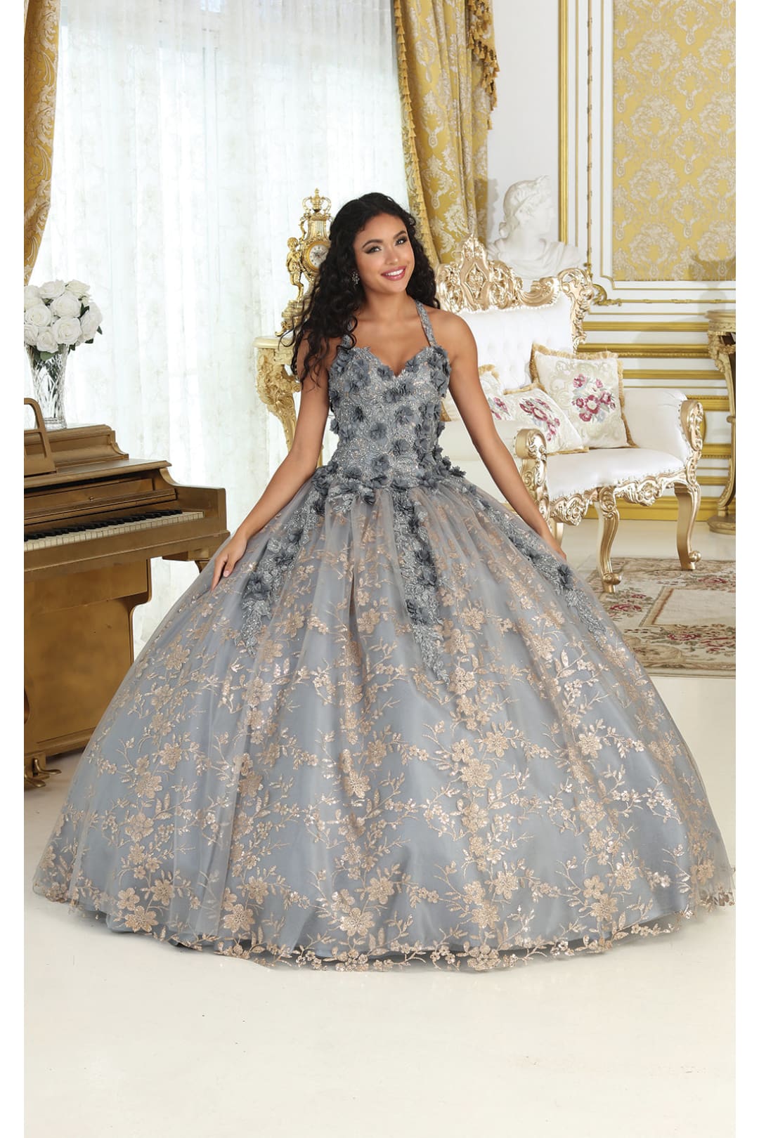 Layla K LK201 Halter 3D Floral Applique Glitter Ball Quinceanera Gown - CHARCOAL/GOLD / 4 - Dress