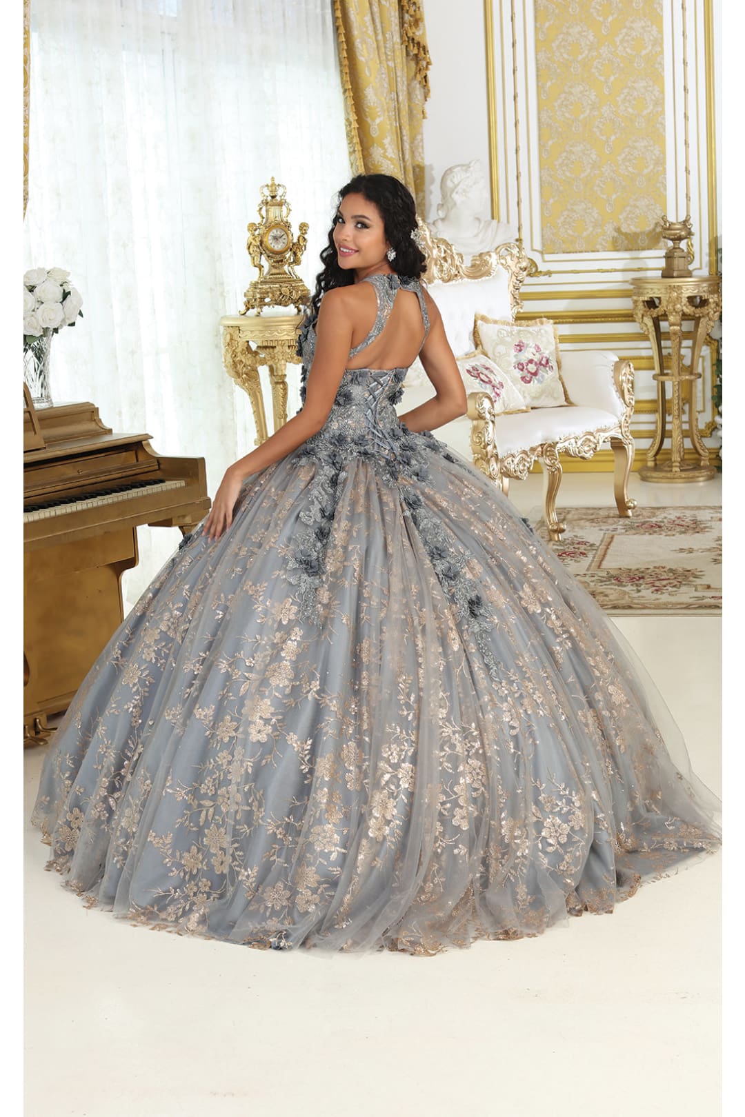 Layla K LK201 Halter 3D Floral Applique Glitter Ball Quinceanera Gown - Dress
