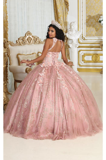 Layla K LK201 Halter 3D Floral Applique Glitter Ball Quinceanera Gown - Dress