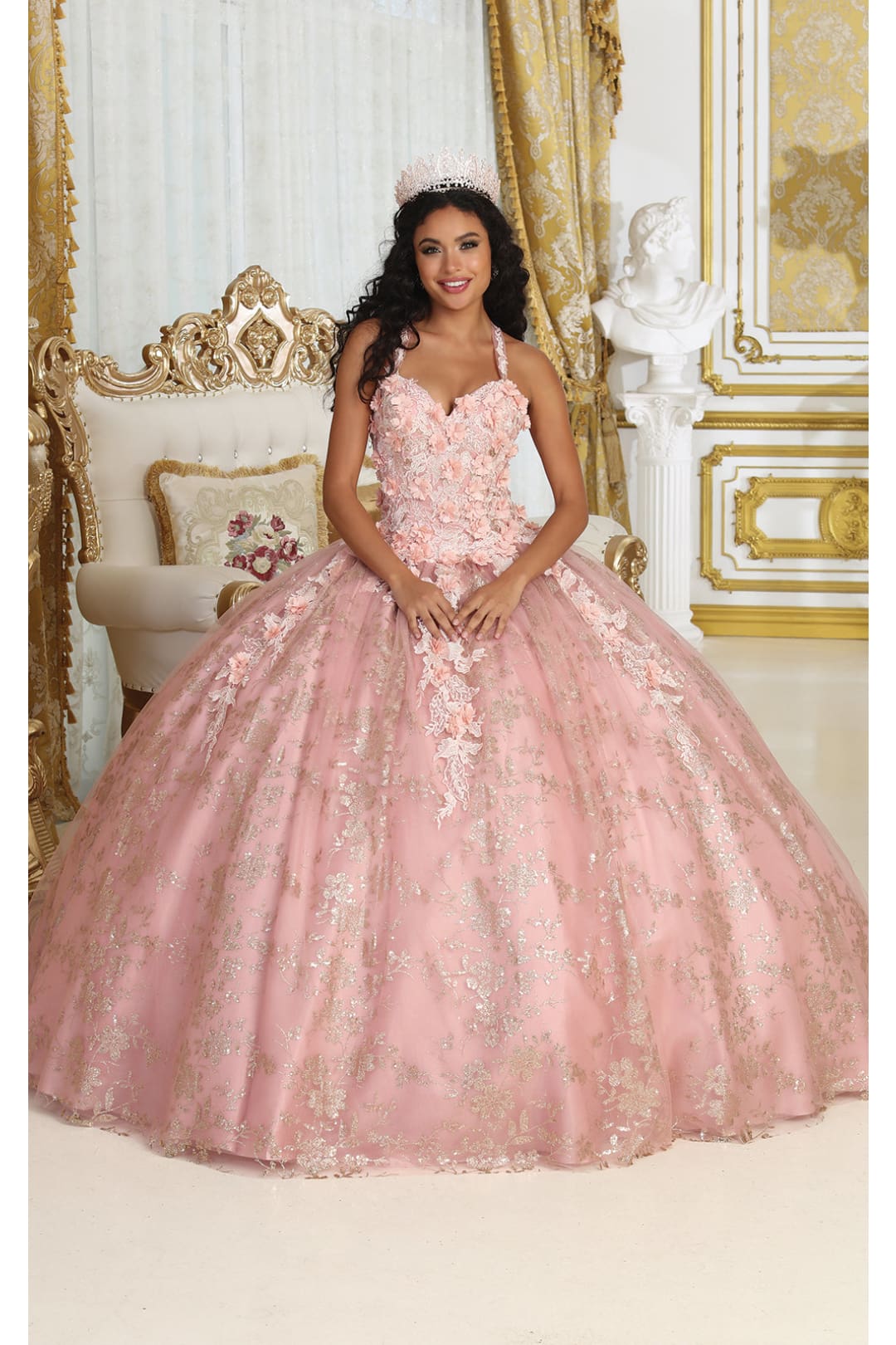 Layla K LK201 Halter 3D Floral Applique Glitter Ball Quinceanera Gown - ROSE GOLD / 4 - Dress