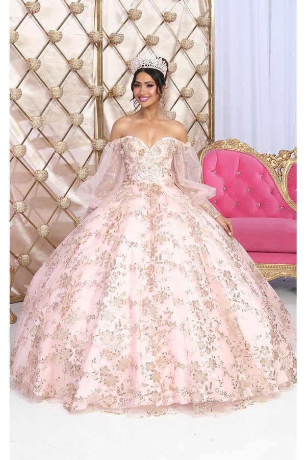 LA Merchandise LA206 Off Shoulder Puff Sleeves Quinceanera Ball Gown - BLUSH/GOLD / 4 - Dress