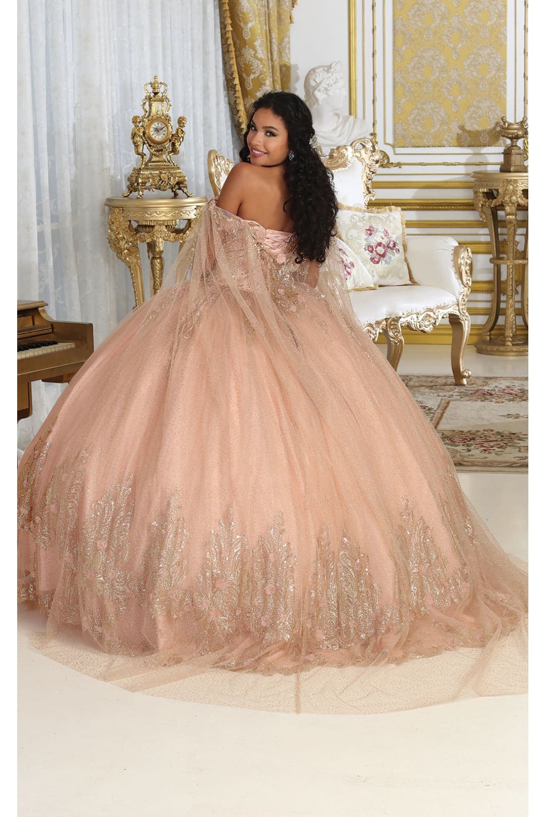 Layla K LK211 Corset Back Cape Sleeves Glitter 3D Floral Ball Gown - Dress
