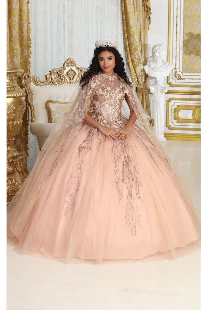 Layla K LK212 Halter Embroidery Detachable Cape Quinceanera Ball Gown - ROSE GOLD / 4 - Dress