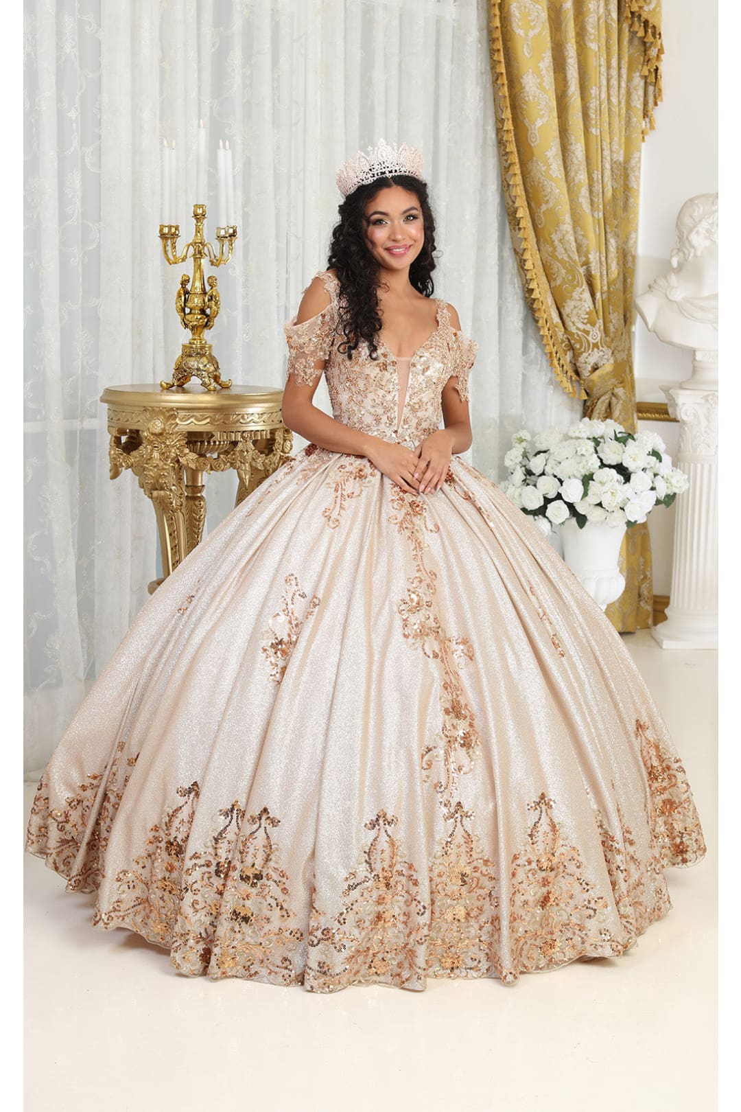 Layla K LK213 Cold Shoulder Lace Applique Rose Gold Quince Dress