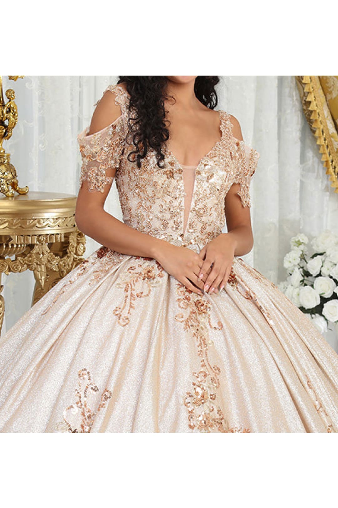 Layla K LK213 Cold Shoulder Lace Applique Rose Gold Quince Dress - Dress