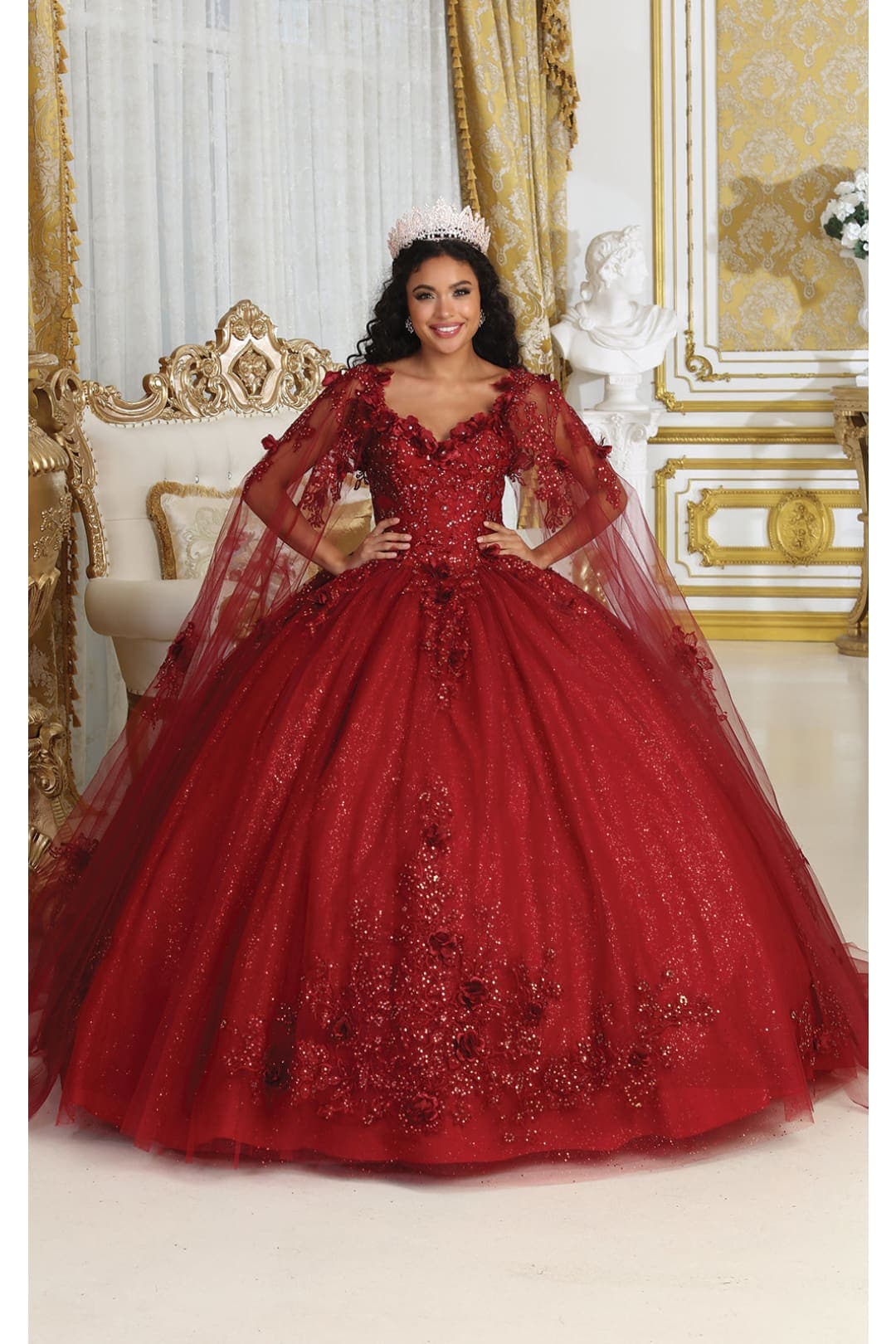 La Merchandise LA214 Cape Sleeves Glitter Corset Quinceanera Gown - BURGUNDY / 4 - Dress