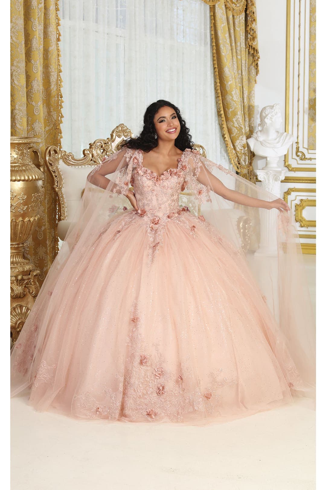 rose gold quinceanera dress with cape Strapless Cape Quinceanera Dress by Rachel Allan RQ3172 12 / Pink/Silver