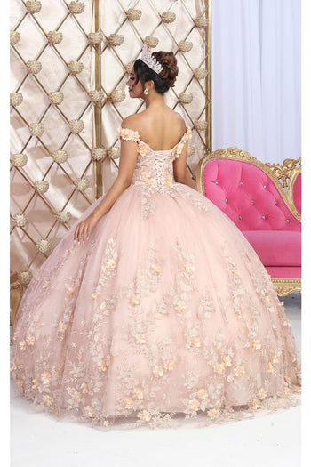 Layla K LK215 Off Shoulder 3D Floral Applique Glitter Quince Dress - Dress