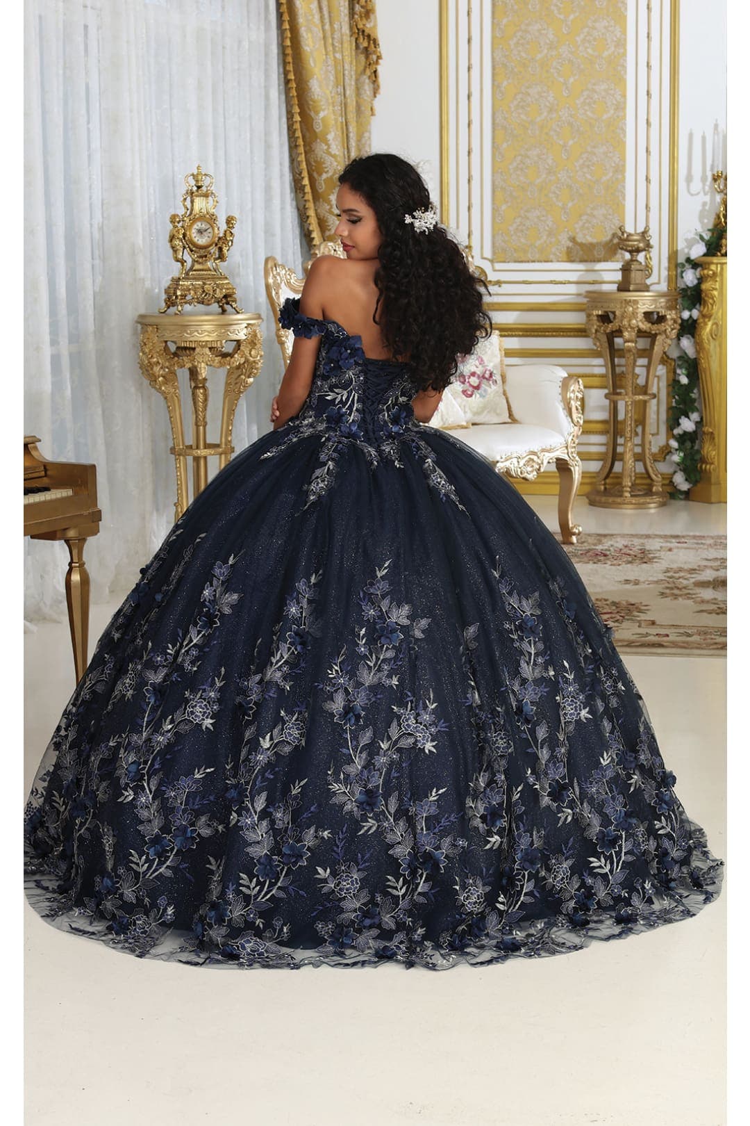 Layla K LK215 Off Shoulder 3D Floral Applique Glitter Quince Dress - Dress
