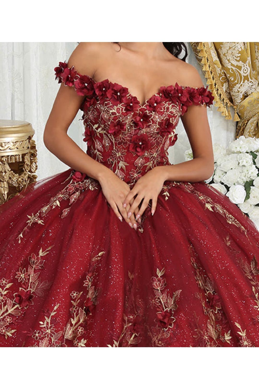 Layla K LK215 Off Shoulder 3D Floral Applique Glitter Quince Dress - Dress