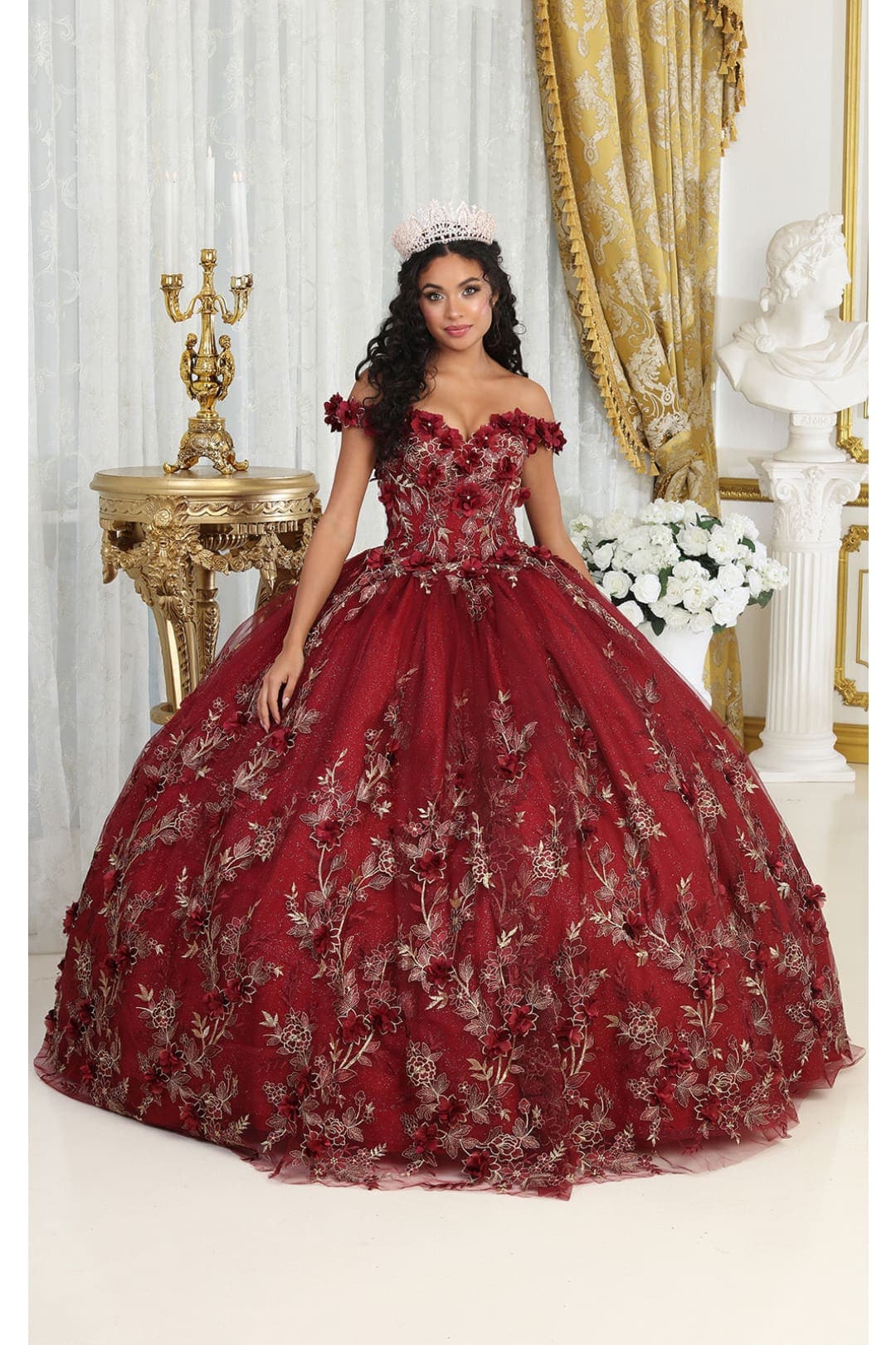 Layla K LK215 Off Shoulder 3D Floral Applique Glitter Quince Dress - Dress