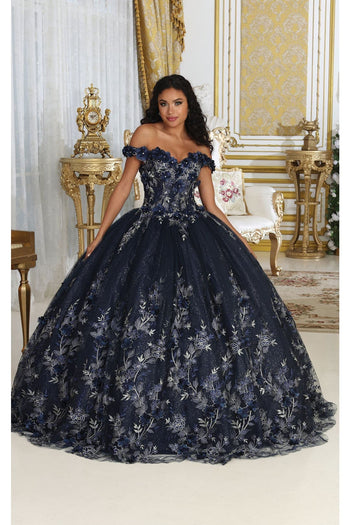 Layla K LK215 Off Shoulder 3D Floral Applique Glitter Quince Dress - Dress