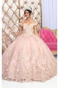 Layla K LK215 Off Shoulder 3D Floral Applique Glitter Quince Dress - Dress