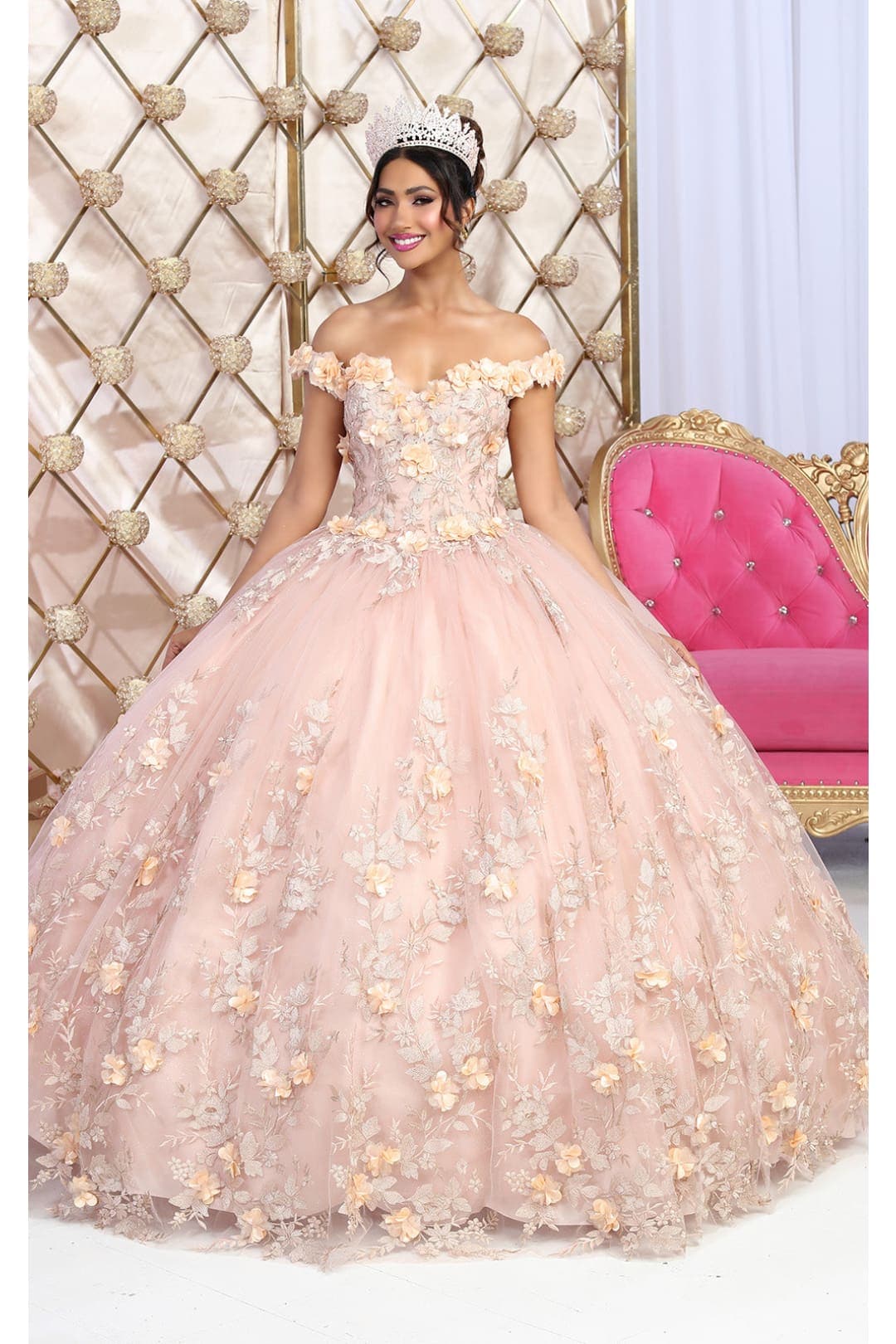Layla K LK215 Off Shoulder 3D Floral Applique Glitter Quince Dress - Dress