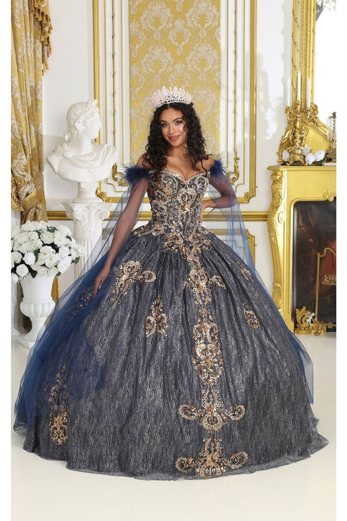Layla K LK216 Sweethearth Cape Sleeves Feathers Corset Back Ball Gown - NAVY/GOLD / 4