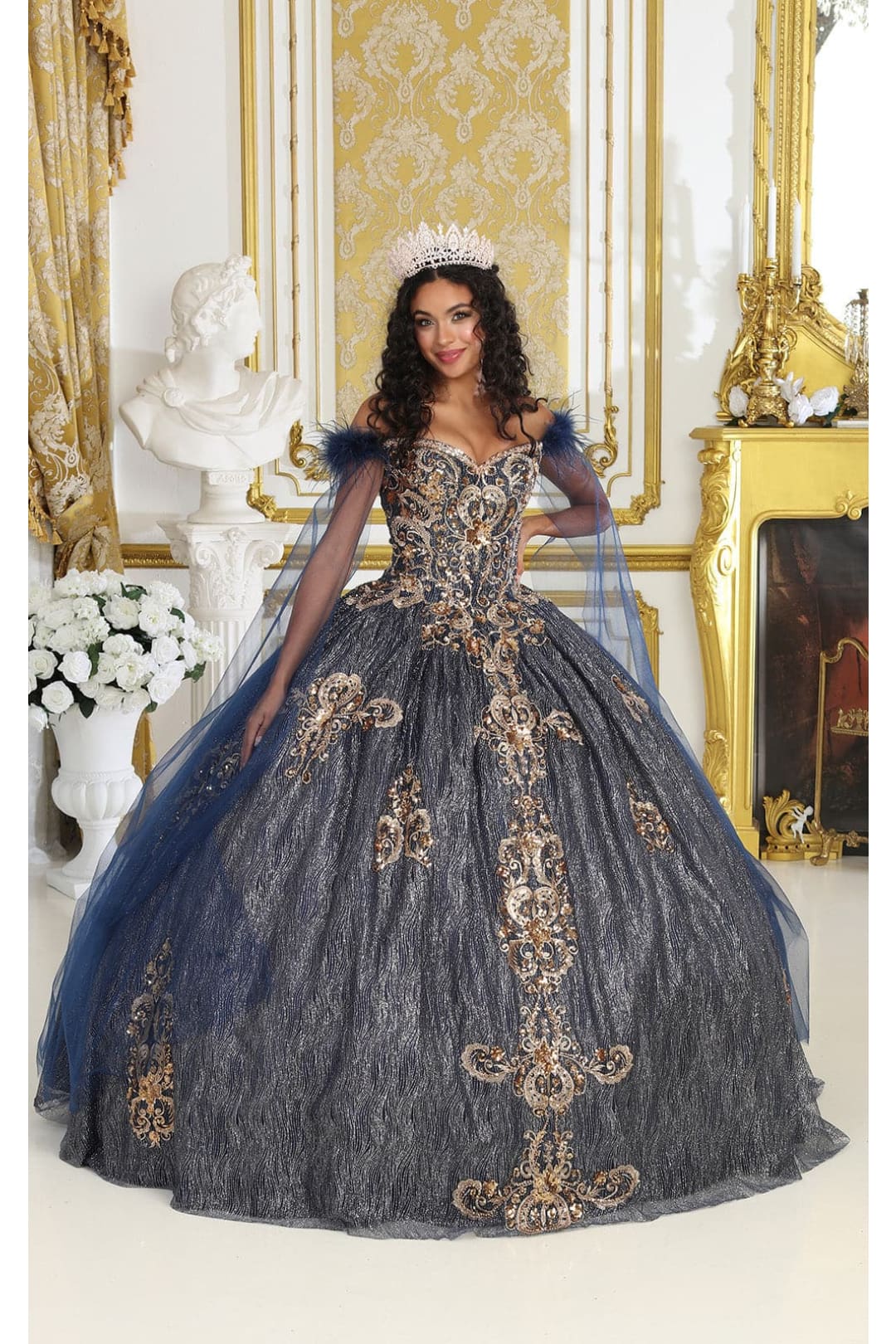 Layla K LK216 Sweethearth Cape Sleeves Feathers Corset Back Ball Gown - NAVY/GOLD / 4