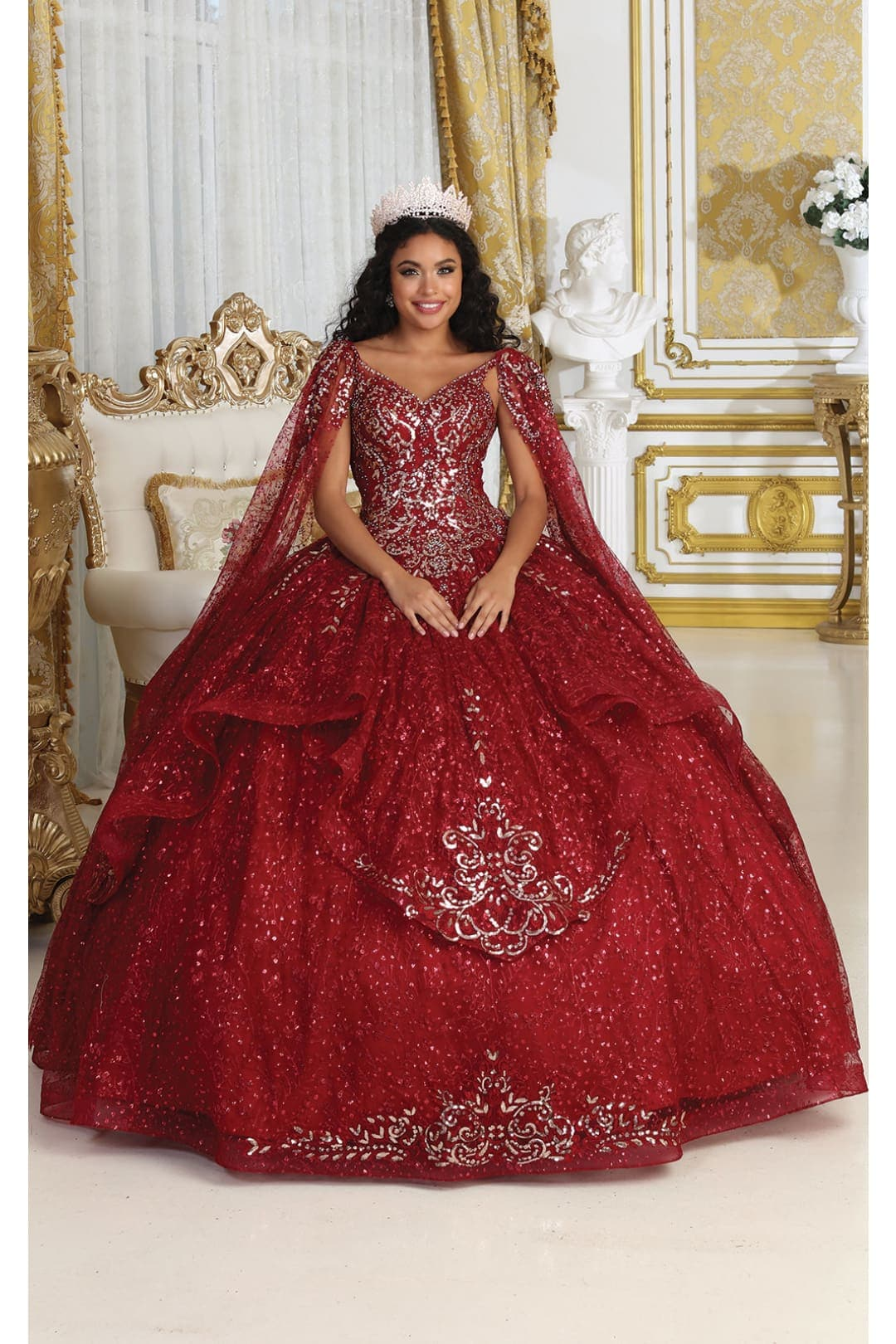 Burgundy And Gold Quinceanera Dress