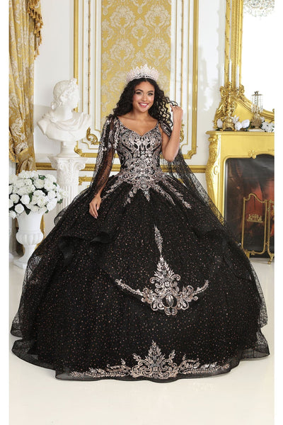 Layla K LK218 Detachable Cape Sleeves Glitter Corset Quinceanera Ball Gown - Dress