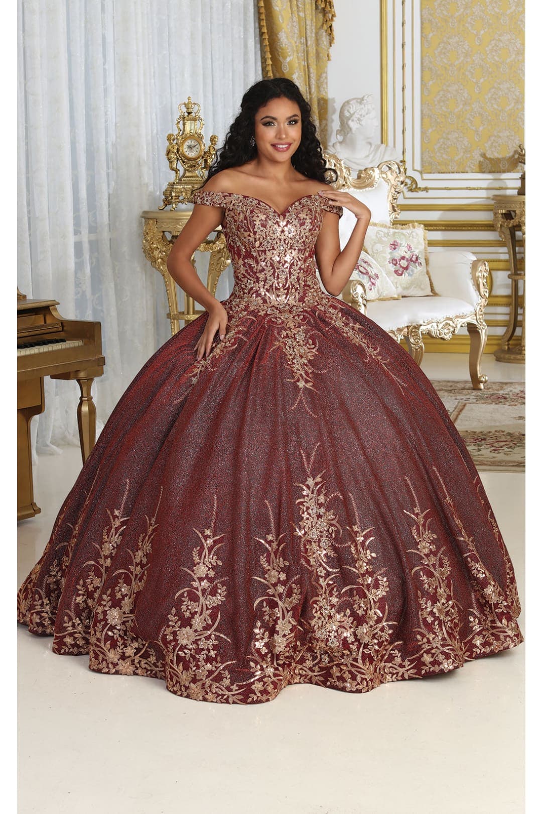 Burgundy And Gold Quinceanera Dress