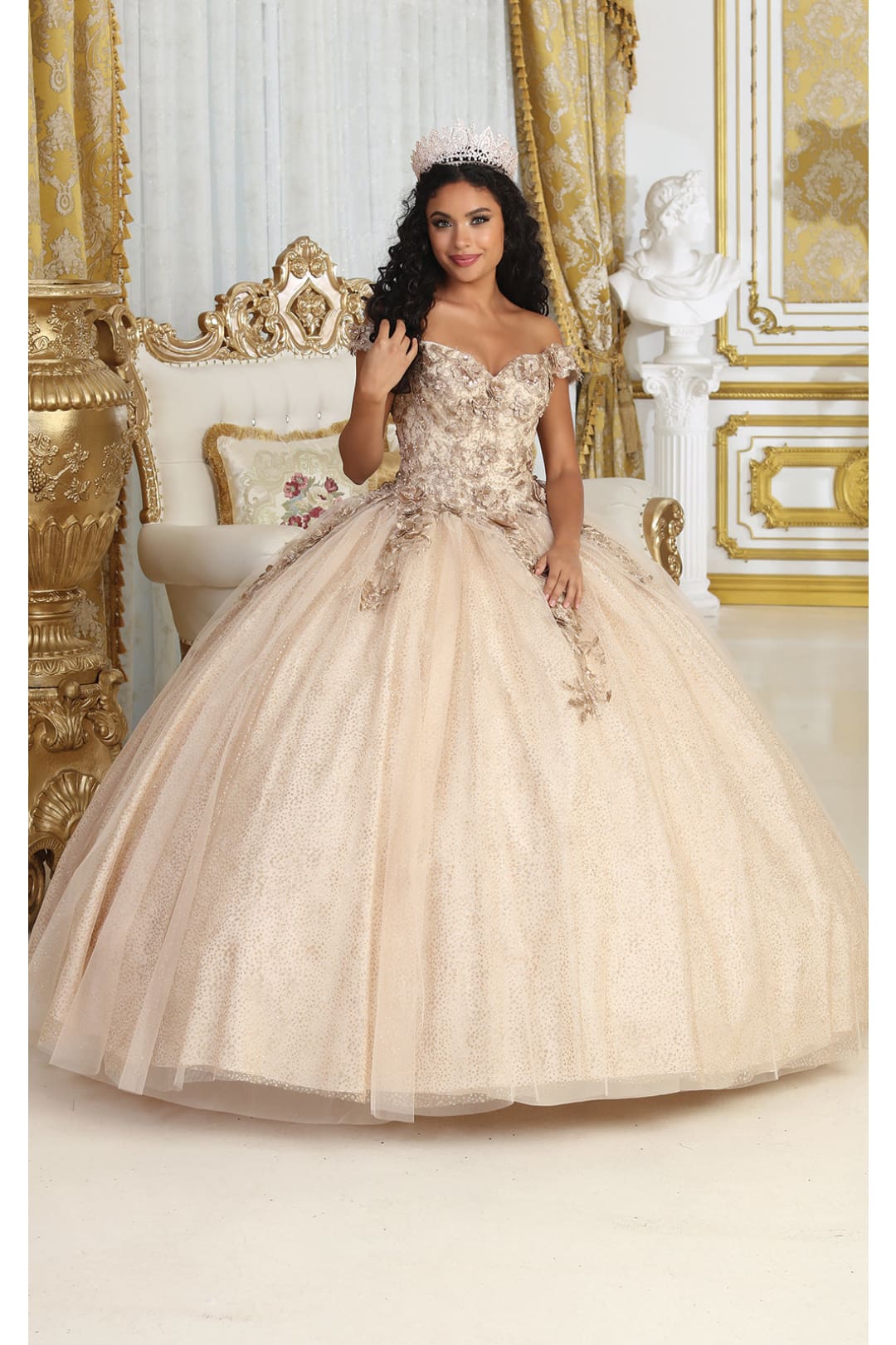 Layla K LK222 Off Shoulder 3D Floral Champagne Sweet 16 Ball Gown - CHAMPAGNE / 4 - Dress