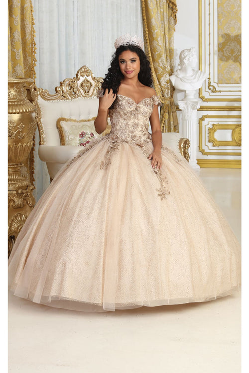 Layla K LK222 Off Shoulder 3D Floral Champagne Sweet 16 Ball Gown - CHAMPAGNE / 4 - Dress