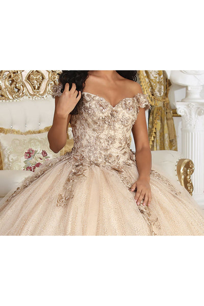 Layla K LK222 Off Shoulder 3D Floral Champagne Sweet 16 Ball Gown - Dress