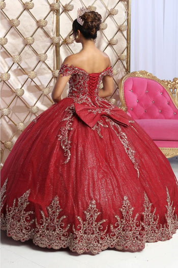 Layla K LK227 Off-Shoulder Burgundy/Gold Bow Accent Ball Gown - Dress