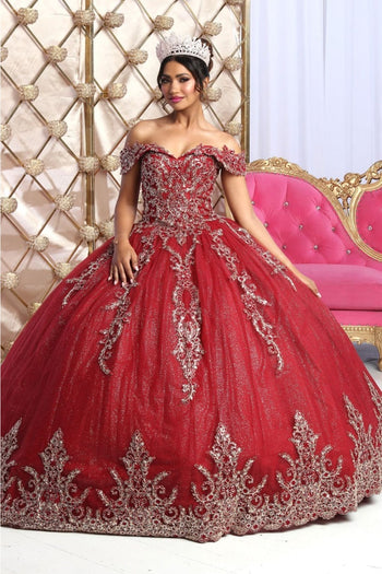 Layla K LK227 Off-Shoulder Burgundy/Gold Bow Accent Ball Gown - BURGUNDY/GOLD / 4 - Dress