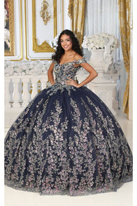 Layla K LK228 Off Shoulder Butterfly Embroidery Quinceanera Ball Gown - NAVY BLUE / 4 - Dress