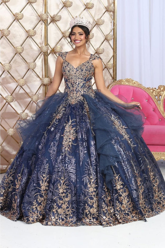 Layla K LK231 Glitter Tulle Gold Embroidered Prom Ball Gown - NAVY/GOLD / 4 - Dress