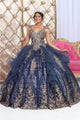 Layla K LK231 Glitter Tulle Gold Embroidered Prom Ball Gown - NAVY/GOLD / 4 - Dress
