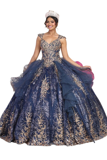 Layla K LK231 Glitter Tulle Gold Embroidered Prom Ball Gown - NAVY/GOLD / 4 - Dress