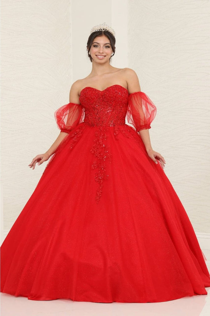 Layla K LK237 Sweetheart Floral Lace Glitter Princess Ball Gown - RED / 4 - Dress