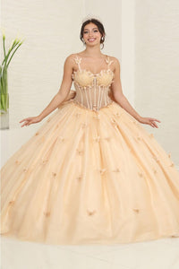 Layla K LK239 Glitter 3D Butterfly Bow Accent Quinceanera Gown - CHAMPAGNE / 2 - Dress