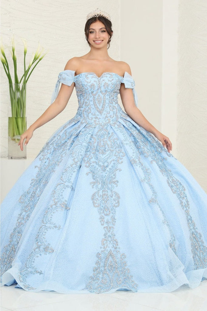 Layla K LK241 Off-Shoulder Beaded Bow Accent Quince Ball Gown - BABY BLUE / 4 - Dress