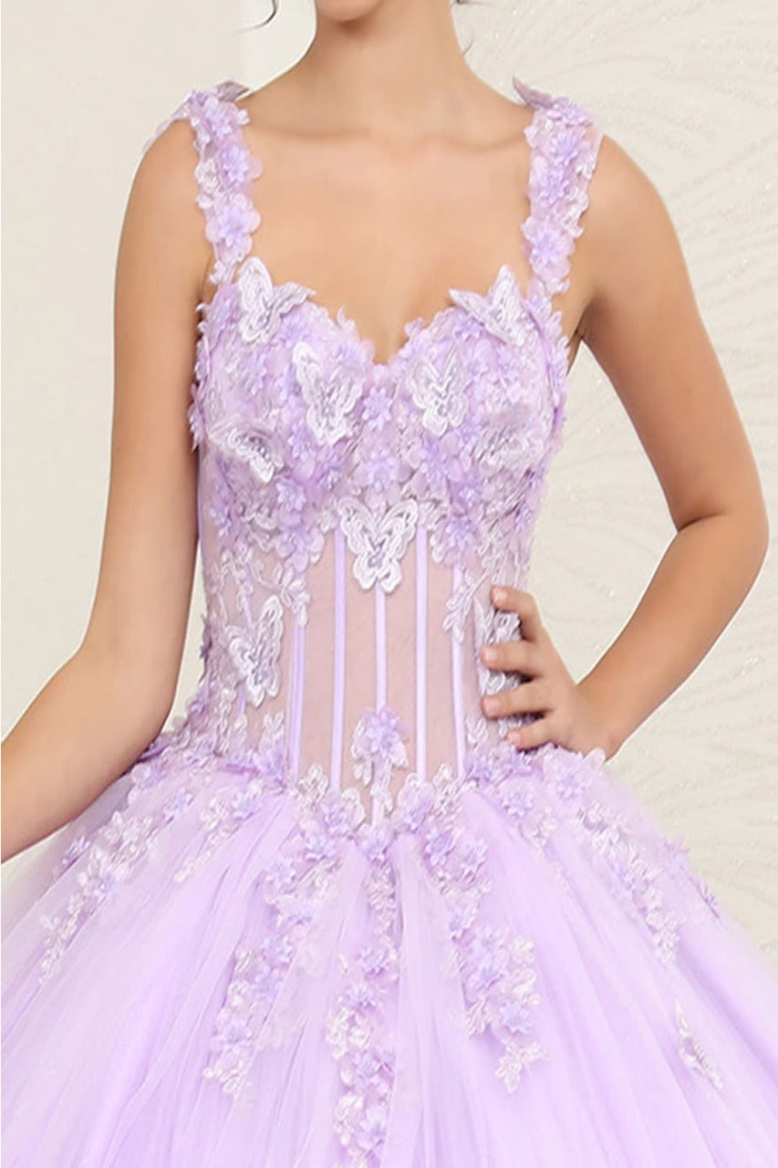 Layla K LK242 V-Neck 3D Butterfly Sheer Ball Sweet 16 Gown - Dress