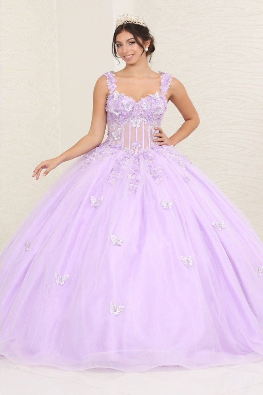 Layla K LK242 V-Neck 3D Butterfly Sheer Ball Sweet 16 Gown - LILAC / 4 - Dress