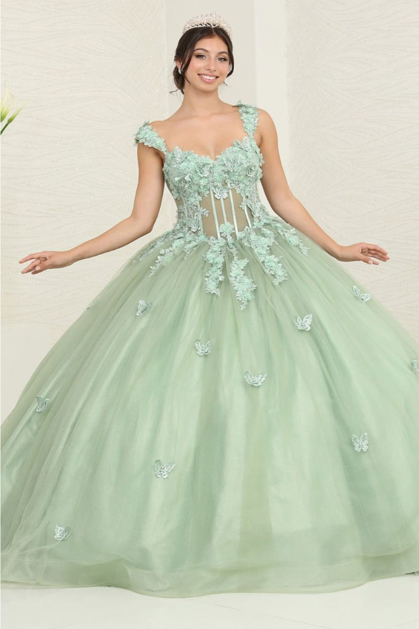 Layla K LK242 V-Neck 3D Butterfly Sheer Ball Sweet 16 Gown - SAGE / 4 - Dress