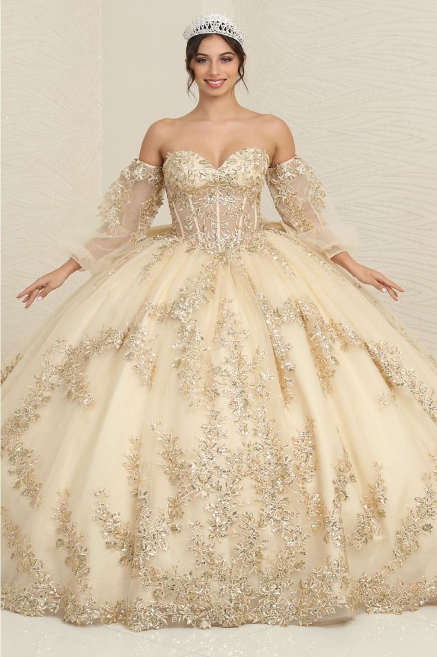 Layla K LK251 Sweetheart Embroidered Cape Quinceanera Gown - CHAMPAGNE / 2 - Dress