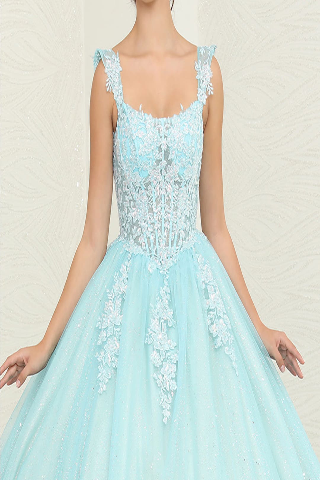 Layla K LK253 Floral Sheer Corset Glitter Tiffany/BlueNude Ball Gown - Dress