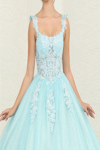 Layla K LK253 Floral Sheer Corset Glitter Tiffany/BlueNude Ball Gown - Dress