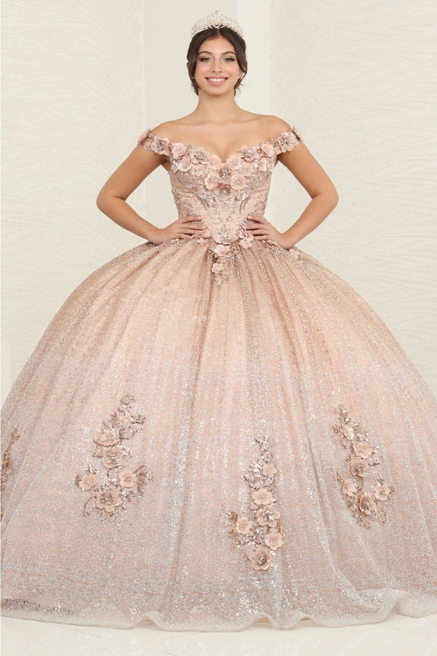 Layla K LK255 Champagne Off-Shoulder Quince Gown with Detachable Tail - Dress