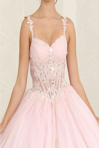 Layla K LK256 Sheer Bodice Floral Sleeveless Blush Quinceanera Gown - Dress