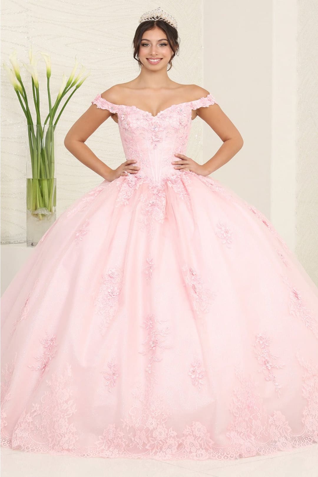 Layla K LK260 Floral Glitter Off-Shoulder Sweet16 Ball Gown - BLUSH / 4 - Dress