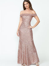 LENOVIA 5224 Off Shoulder Sequined Long Formal Dress